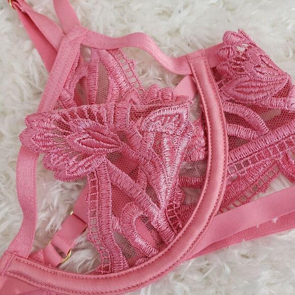 Victoria's Secret 34B Pink Lace Embroidery Floral low cut Demi Sexy Bra - Picture 2 of 6